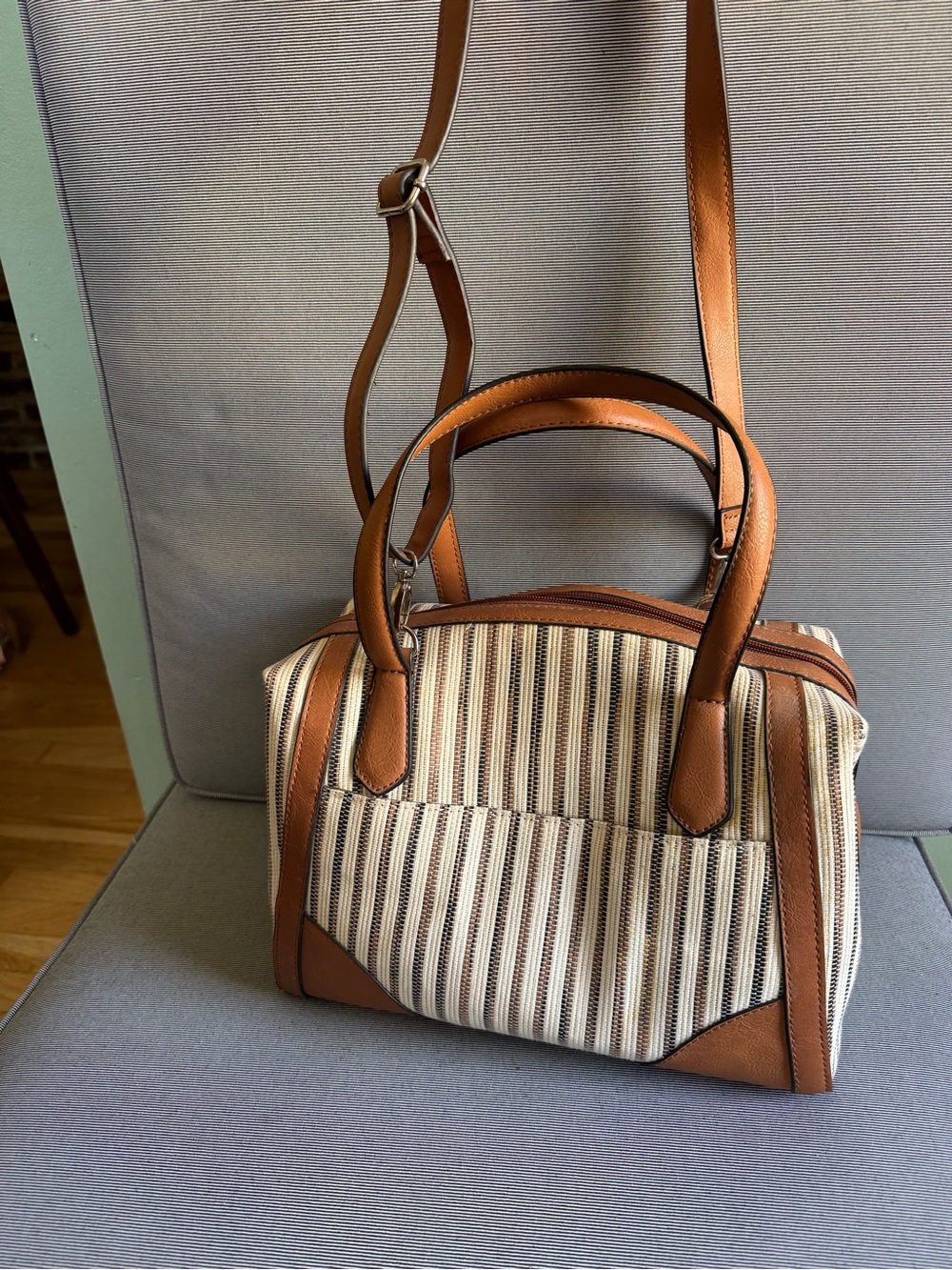 London Fog Cream and Tan Striped Satchel